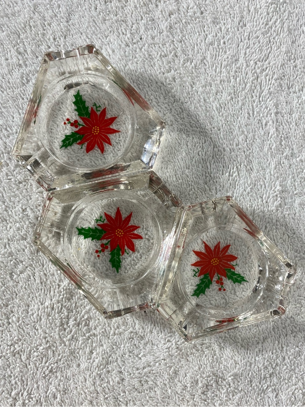 Vintage 1960s Set of 3 Glass Poinsettia Ashtrays Christmas Ashtrays Cottagecore